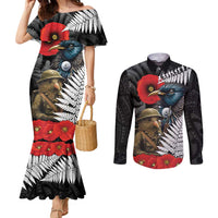 Kiwi-Tui Bird Soldier ANZAC Day Personalised Couples Matching Mermaid Dress and Long Sleeve Button Shirt Maori Silver Fern Motif