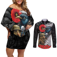 Kiwi-Tui Bird Soldier ANZAC Day Personalised Couples Matching Off Shoulder Short Dress and Long Sleeve Button Shirt Maori Silver Fern Motif