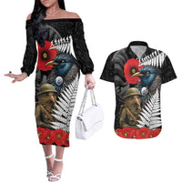 Kiwi-Tui Bird Soldier ANZAC Day Personalised Couples Matching Off The Shoulder Long Sleeve Dress and Hawaiian Shirt Maori Silver Fern Motif