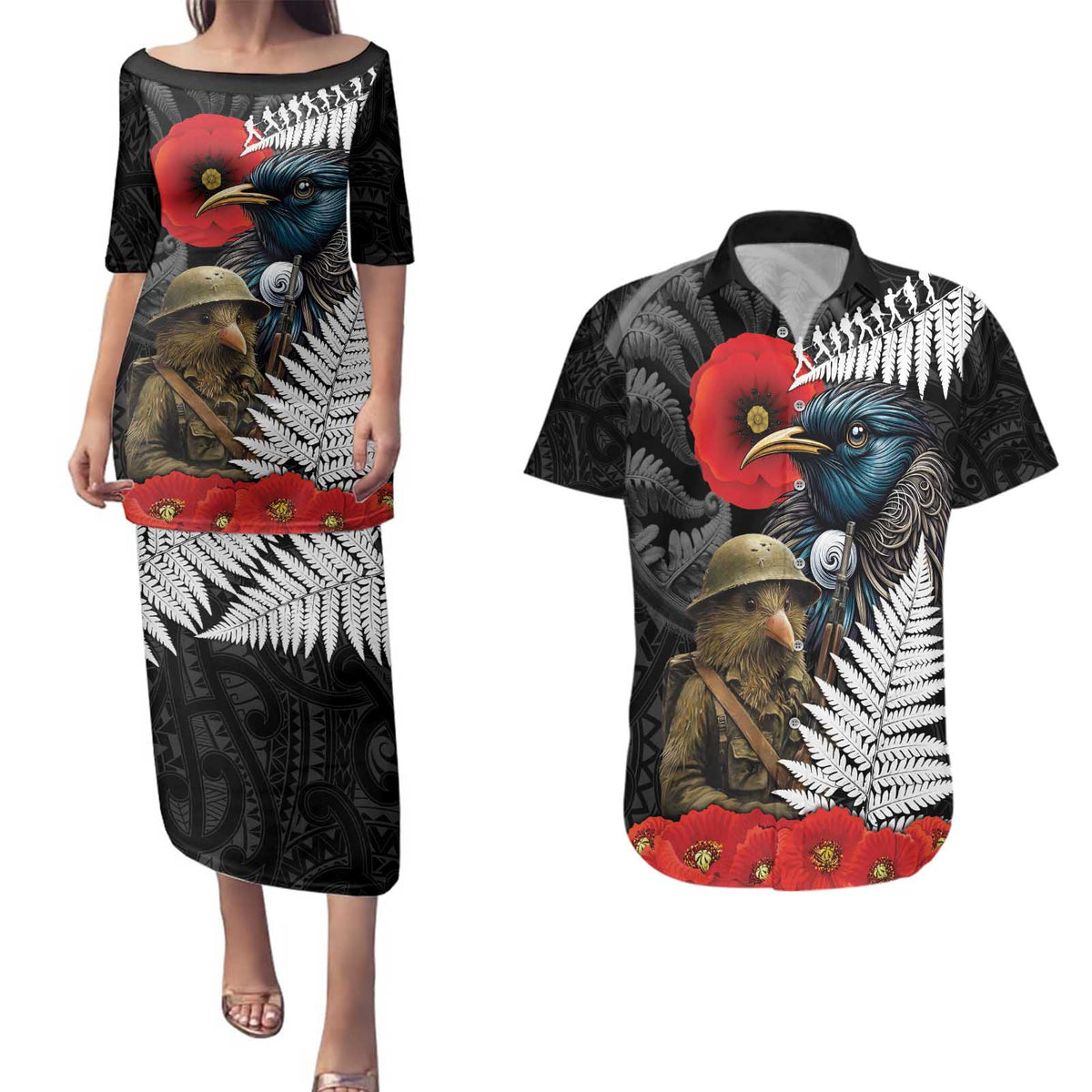 Kiwi-Tui Bird Soldier ANZAC Day Personalised Couples Matching Puletasi and Hawaiian Shirt Maori Silver Fern Motif