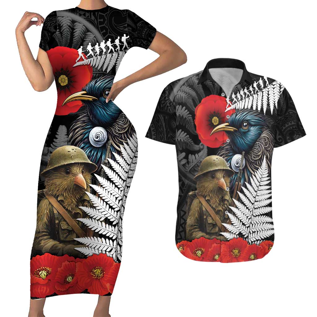 Kiwi-Tui Bird Soldier ANZAC Day Personalised Couples Matching Short Sleeve Bodycon Dress and Hawaiian Shirt Maori Silver Fern Motif