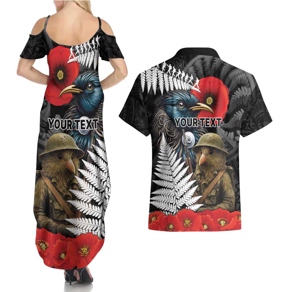Kiwi-Tui Bird Soldier ANZAC Day Personalised Couples Matching Summer Maxi Dress and Hawaiian Shirt Maori Silver Fern Motif
