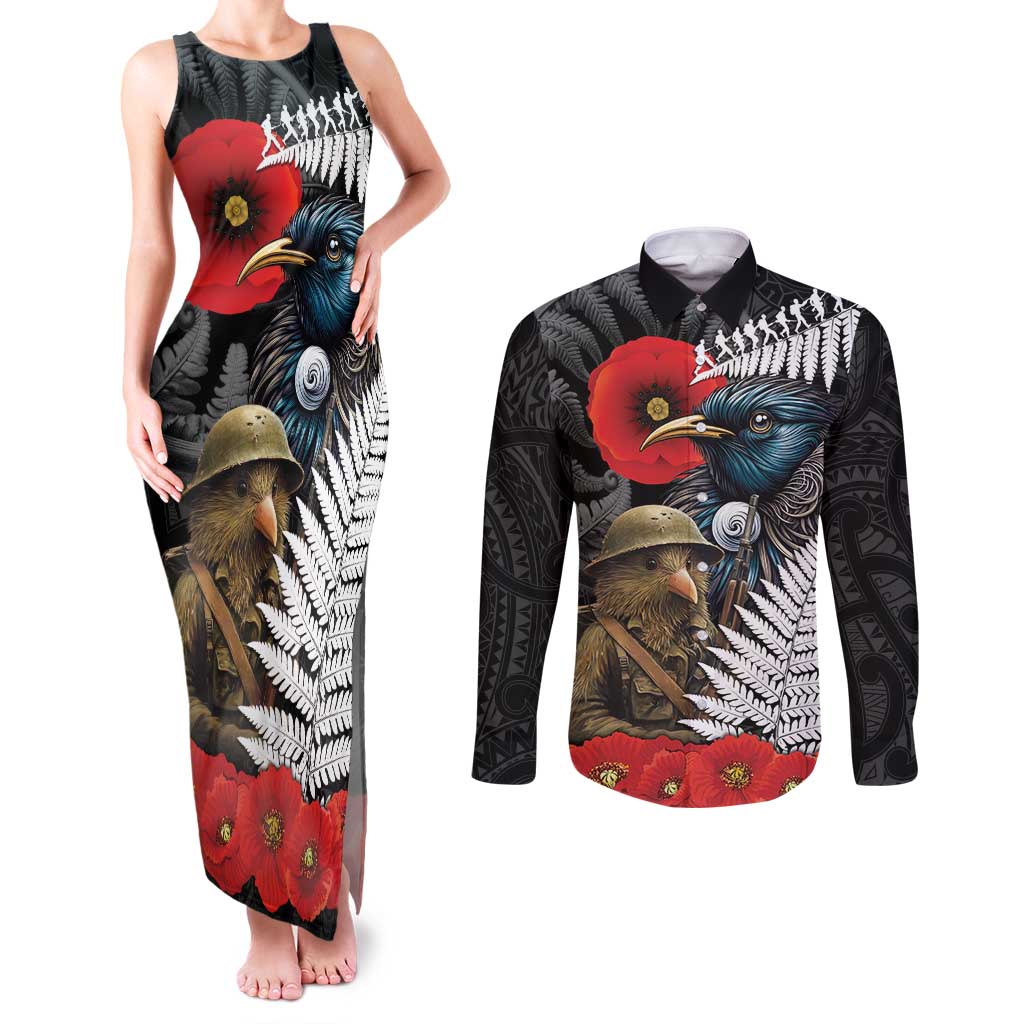 Kiwi-Tui Bird Soldier ANZAC Day Personalised Couples Matching Tank Maxi Dress and Long Sleeve Button Shirt Maori Silver Fern Motif