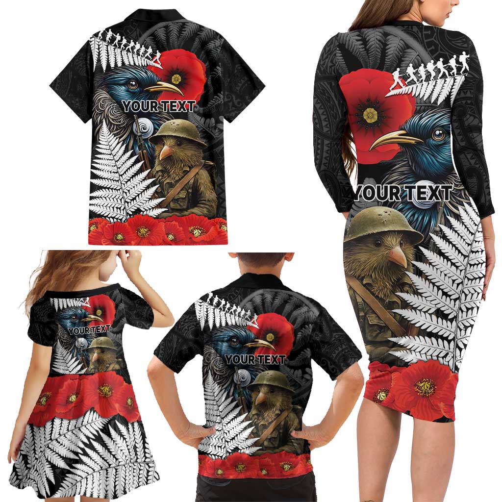 Kiwi-Tui Bird Soldier ANZAC Day Personalised Family Matching Long Sleeve Bodycon Dress and Hawaiian Shirt Maori Silver Fern Motif