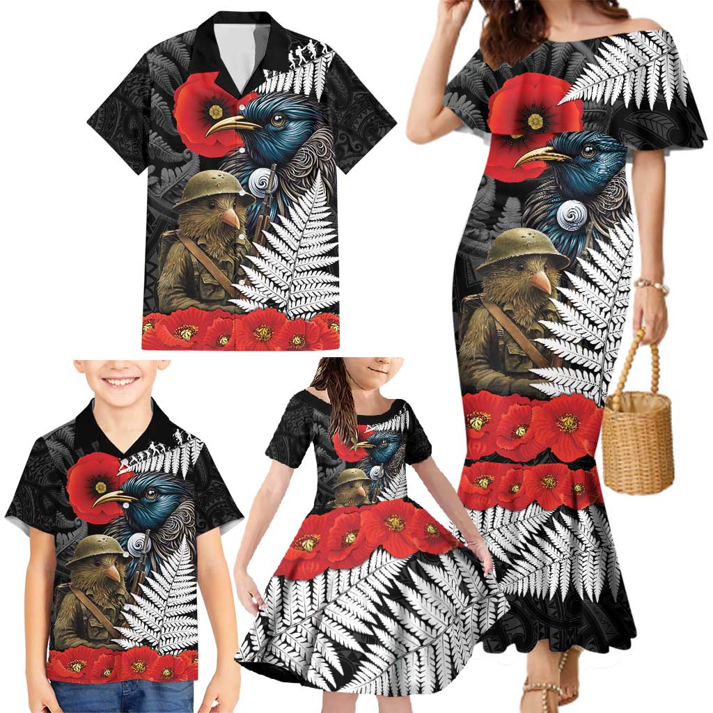 Kiwi-Tui Bird Soldier ANZAC Day Personalised Family Matching Mermaid Dress and Hawaiian Shirt Maori Silver Fern Motif