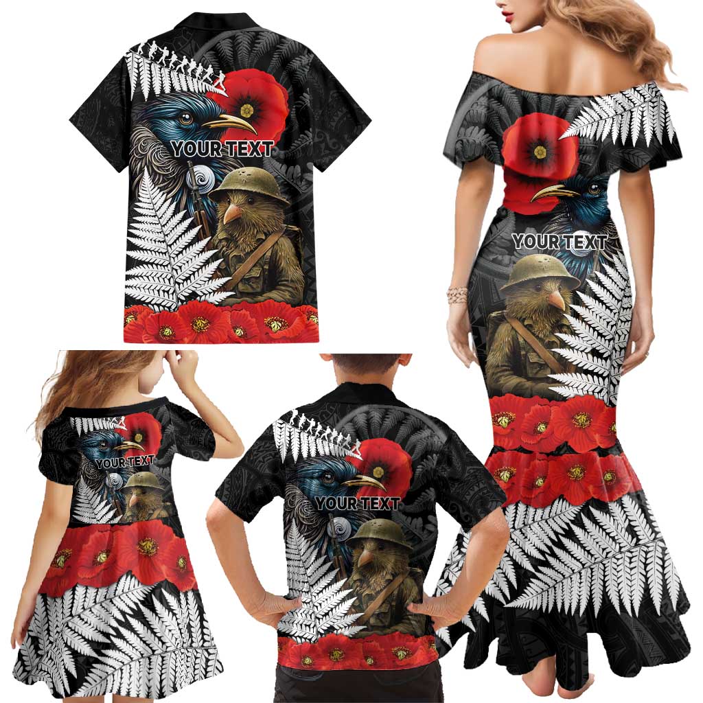 Kiwi-Tui Bird Soldier ANZAC Day Personalised Family Matching Mermaid Dress and Hawaiian Shirt Maori Silver Fern Motif