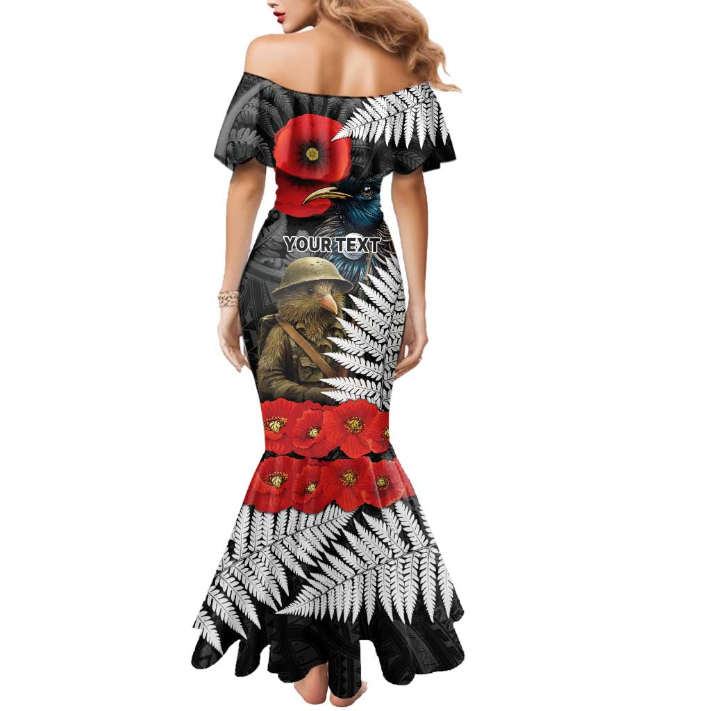 Kiwi-Tui Bird Soldier ANZAC Day Personalised Family Matching Mermaid Dress and Hawaiian Shirt Maori Silver Fern Motif