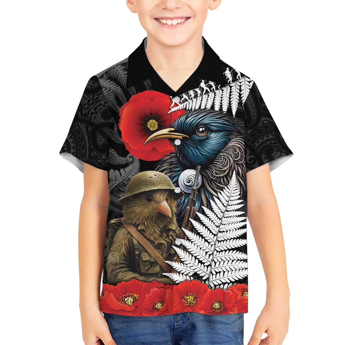 Kiwi-Tui Bird Soldier ANZAC Day Personalised Family Matching Off The Shoulder Long Sleeve Dress and Hawaiian Shirt Maori Silver Fern Motif