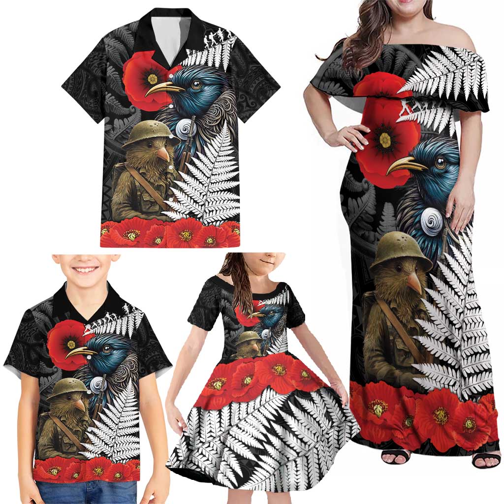 Kiwi-Tui Bird Soldier ANZAC Day Personalised Family Matching Off Shoulder Maxi Dress and Hawaiian Shirt Maori Silver Fern Motif