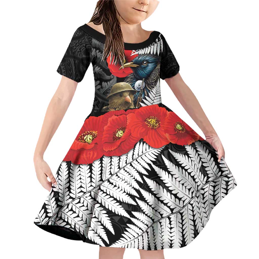 Kiwi-Tui Bird Soldier ANZAC Day Personalised Family Matching Off Shoulder Short Dress and Hawaiian Shirt Maori Silver Fern Motif