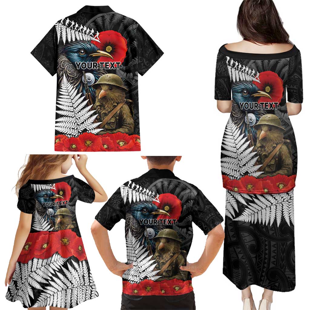 Kiwi-Tui Bird Soldier ANZAC Day Personalised Family Matching Puletasi and Hawaiian Shirt Maori Silver Fern Motif
