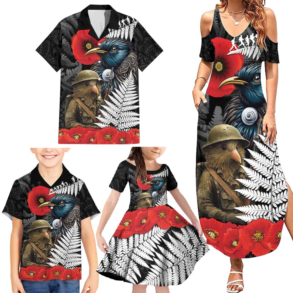 Kiwi-Tui Bird Soldier ANZAC Day Personalised Family Matching Summer Maxi Dress and Hawaiian Shirt Maori Silver Fern Motif