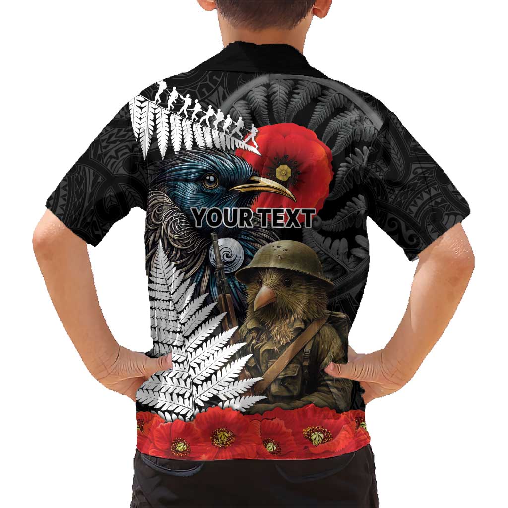 Kiwi-Tui Bird Soldier ANZAC Day Personalised Kid Hawaiian Shirt Maori Silver Fern Motif