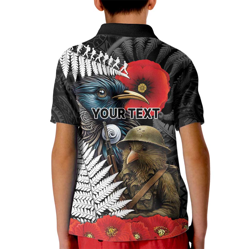 Kiwi-Tui Bird Soldier ANZAC Day Personalised Kid Polo Shirt Maori Silver Fern Motif