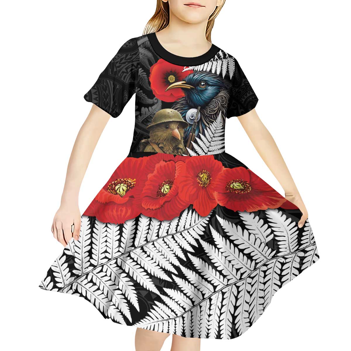 Kiwi-Tui Bird Soldier ANZAC Day Personalised Kid Short Sleeve Dress Maori Silver Fern Motif