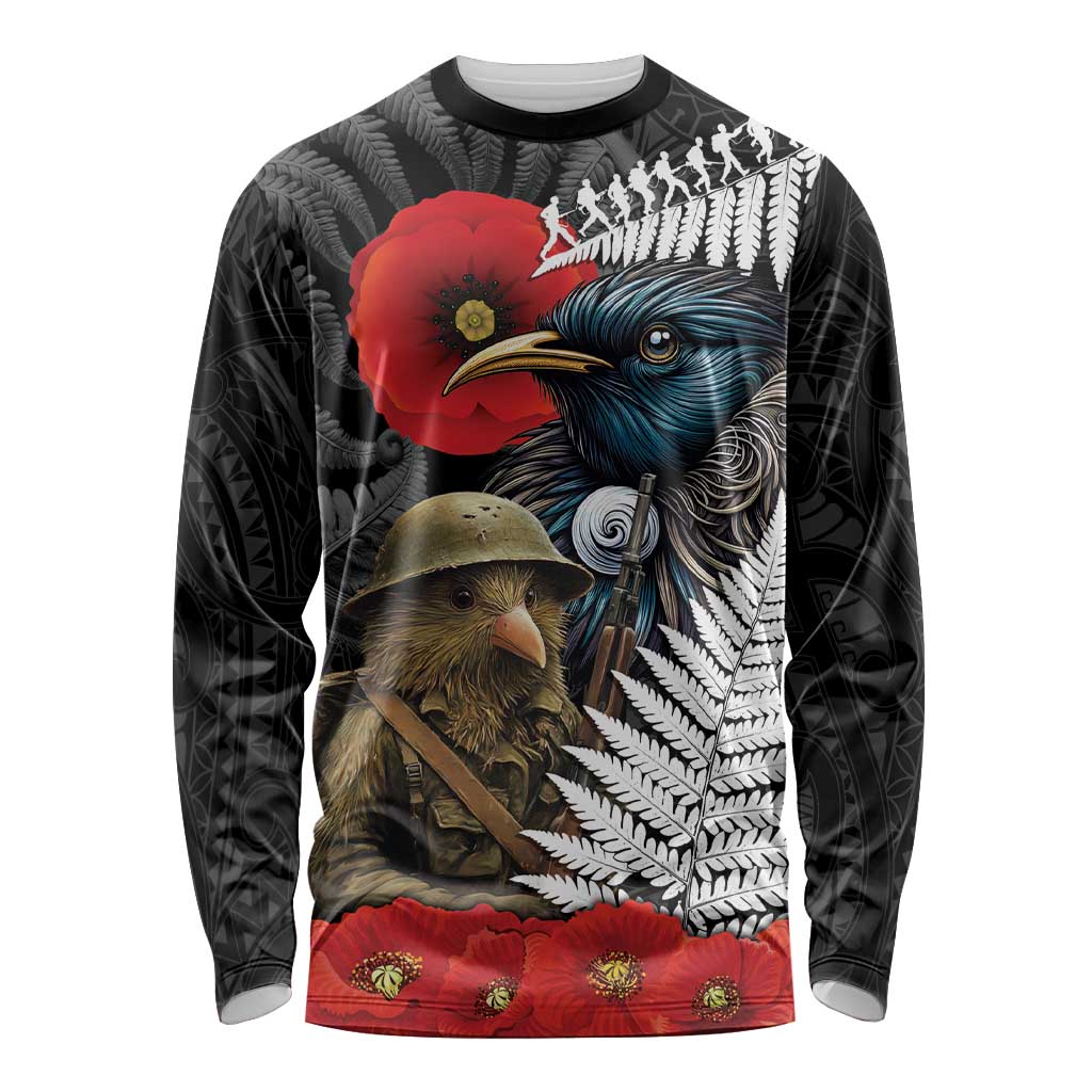 Kiwi-Tui Bird Soldier ANZAC Day Personalised Long Sleeve Shirt Maori Silver Fern Motif