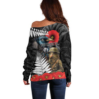 Kiwi-Tui Bird Soldier ANZAC Day Personalised Off Shoulder Sweater Maori Silver Fern Motif