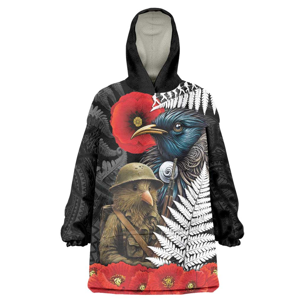 Kiwi-Tui Bird Soldier ANZAC Day Personalised Wearable Blanket Hoodie Maori Silver Fern Motif