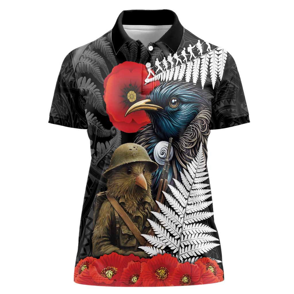 Kiwi-Tui Bird Soldier ANZAC Day Personalised Women Polo Shirt Maori Silver Fern Motif