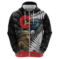 Kiwi-Tui Bird Soldier ANZAC Day Personalised Zip Hoodie Maori Silver Fern Motif