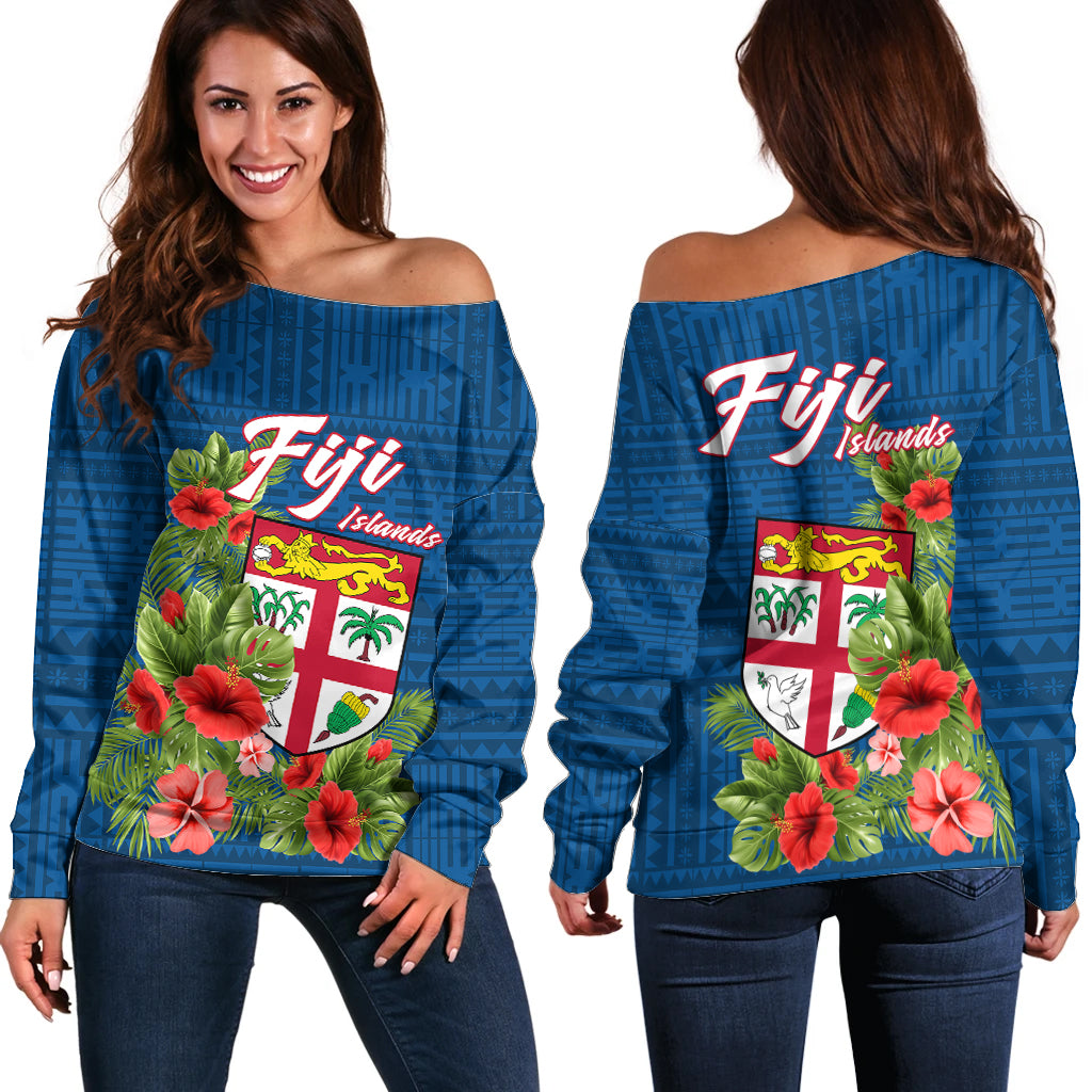 Polynesian Pride Fiji Off Shoulder Sweater Tropical Flowers and Tapa Pattern LT9 Women Blue - Polynesian Pride