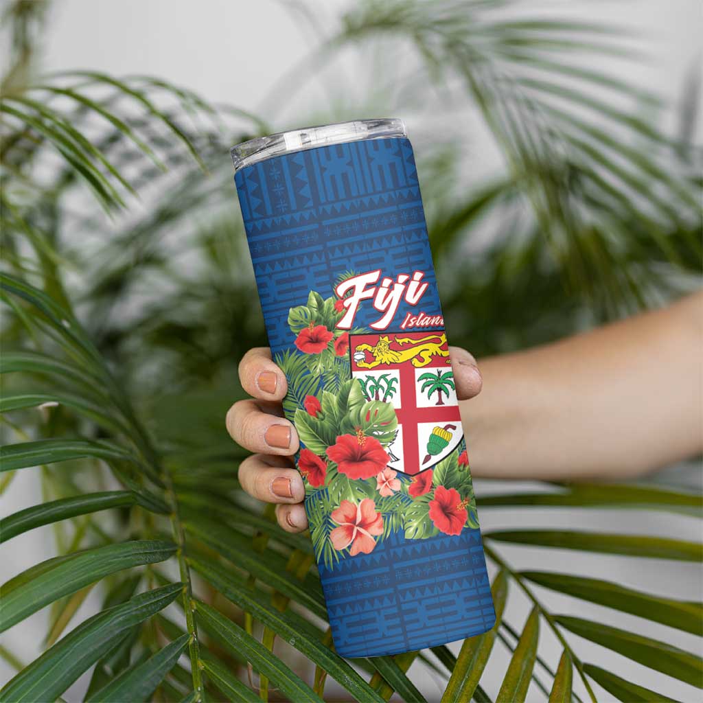 Fiji Island Tropical Flowers and Tapa Pattern Skinny Tumbler