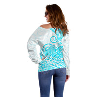 Polynesian Off Shoulder Sweater Tribal Tattoo Aqua Screen Color LT9 - Polynesian Pride