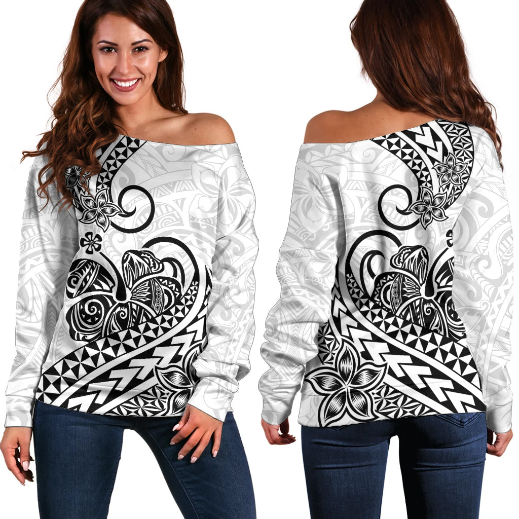 Polynesian Off Shoulder Sweater Tribal Tattoo Black Screen Color LT9 Women Black - Polynesian Pride