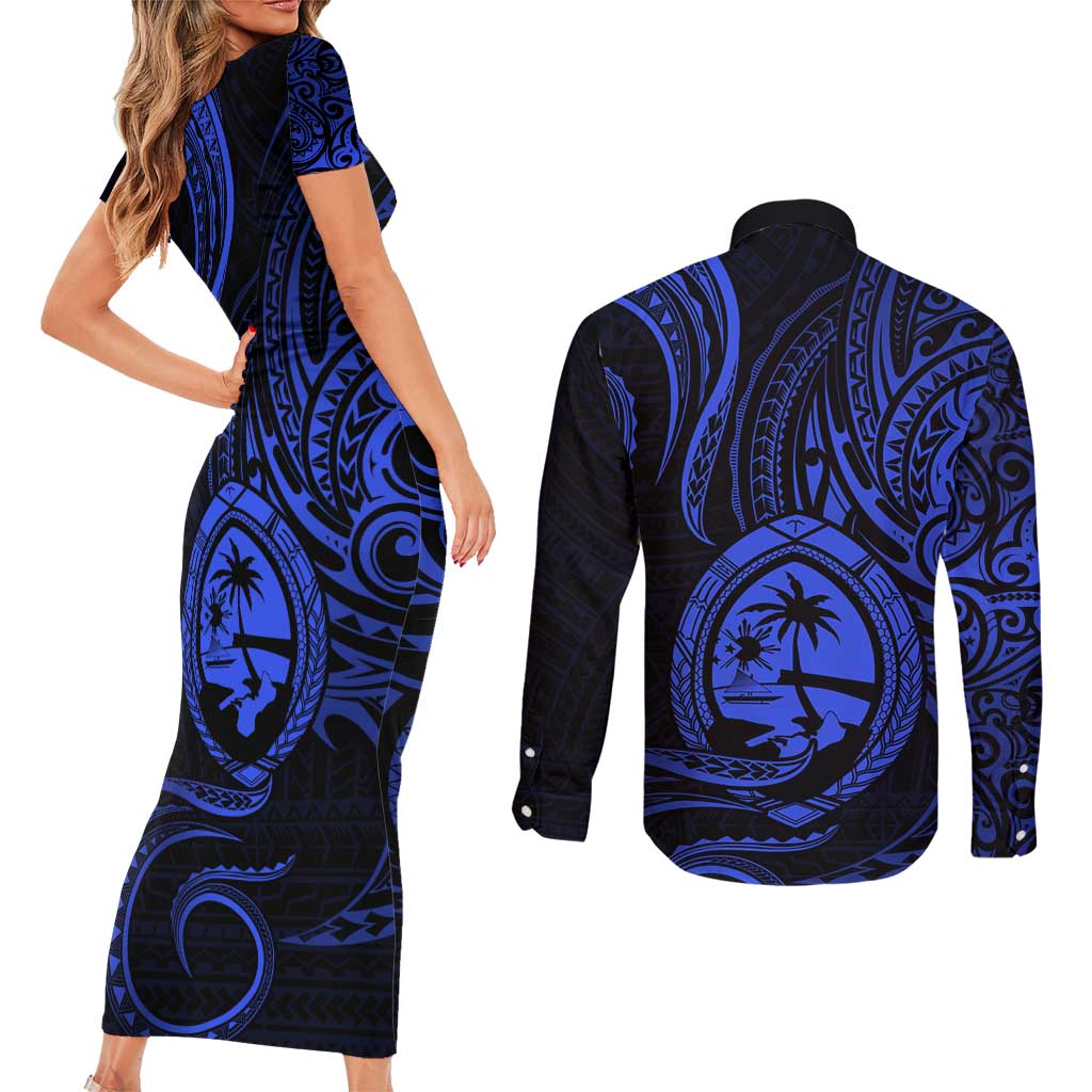 Polynesian Guam Coat of Arms Couples Matching Short Sleeve Bodycon Dress and Long Sleeve Button Shirt Polynesian Tribal Tattoo Blue Version
