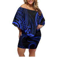 Polynesian Guam Coat of Arms Family Matching Off Shoulder Short Dress and Hawaiian Shirt Polynesian Tribal Tattoo Blue Version