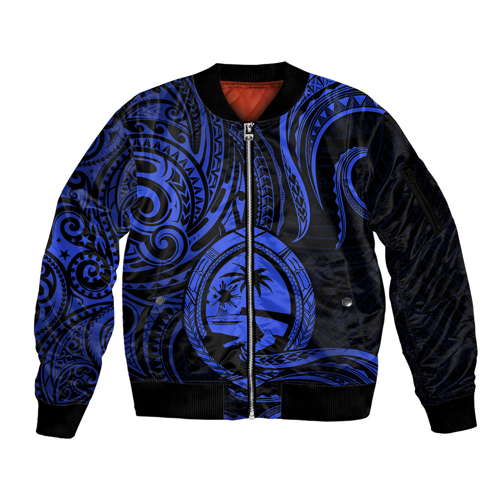 Polynesian Pride Guam Sleeve Zip Bomber Jacket With Polynesian Tribal Tattoo and Coat of Arms Blue Version LT9 Unisex Blue - Polynesian Pride