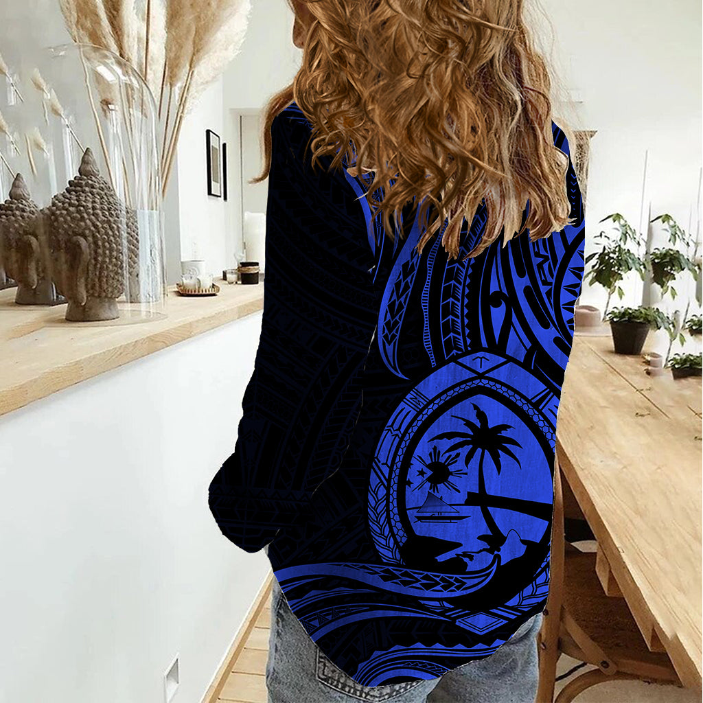 Polynesian Pride Guam Women Casual Shirt With Polynesian Tribal Tattoo and Coat of Arms Blue Version LT9 - Polynesian Pride
