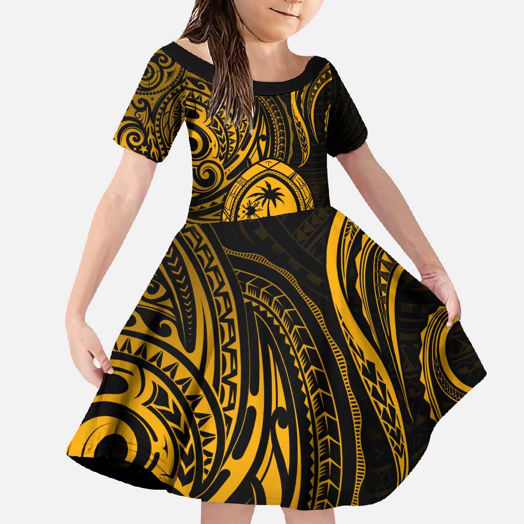 Polynesian Guam Coat of Arms Family Matching Long Sleeve Bodycon Dress and Hawaiian Shirt Polynesian Tribal Tattoo Gold Version