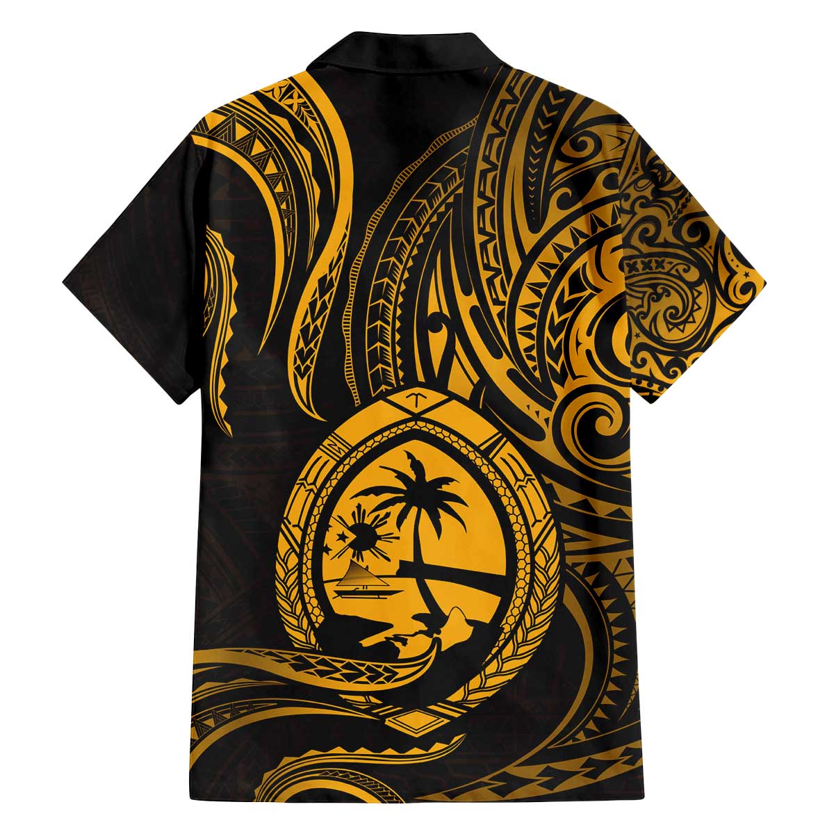 Polynesian Guam Coat of Arms Family Matching Off The Shoulder Long Sleeve Dress and Hawaiian Shirt Polynesian Tribal Tattoo Gold Version