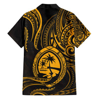 Polynesian Guam Coat of Arms Family Matching Off Shoulder Short Dress and Hawaiian Shirt Polynesian Tribal Tattoo Gold Version