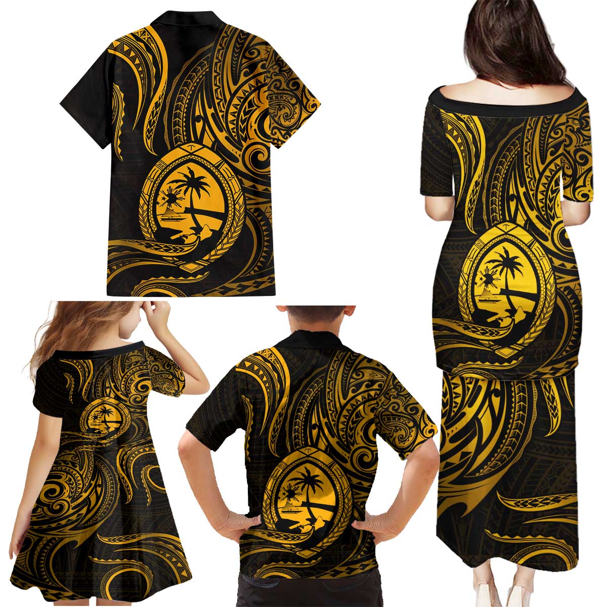 Polynesian Guam Coat of Arms Family Matching Puletasi and Hawaiian Shirt Polynesian Tribal Tattoo Gold Version