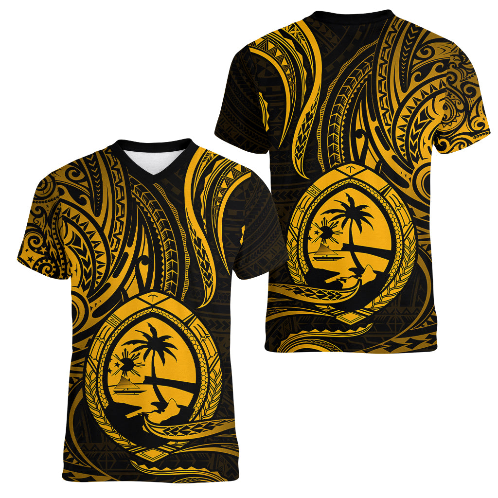 Polynesian Pride Guam Women V Neck T Shirt With Polynesian Tribal Tattoo and Coat of Arms Gold Version LT9 Female Gold - Polynesian Pride