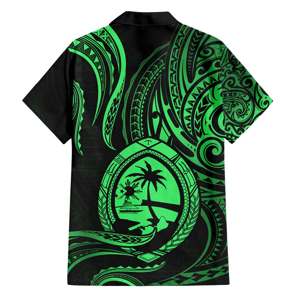 Polynesian Guam Coat of Arms Family Matching Long Sleeve Bodycon Dress and Hawaiian Shirt Polynesian Tribal Tattoo Green Version