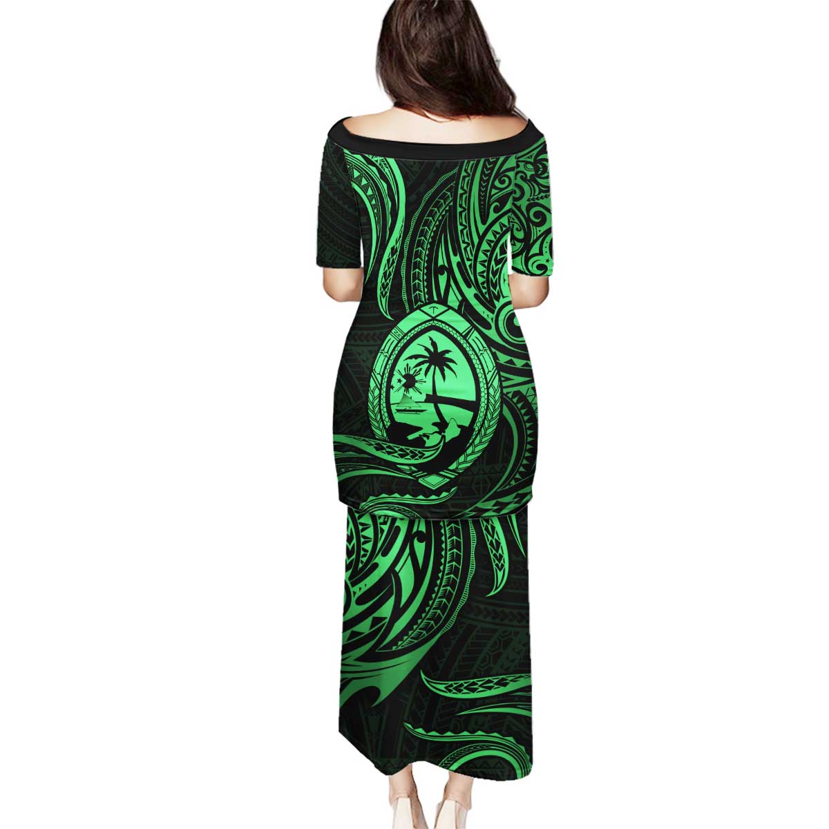 Polynesian Guam Coat of Arms Family Matching Puletasi and Hawaiian Shirt Polynesian Tribal Tattoo Green Version