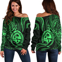 Polynesian Pride Guam Off Shoulder Sweater With Polynesian Tribal Tattoo and Coat of Arms Green Version LT9 Women Green - Polynesian Pride