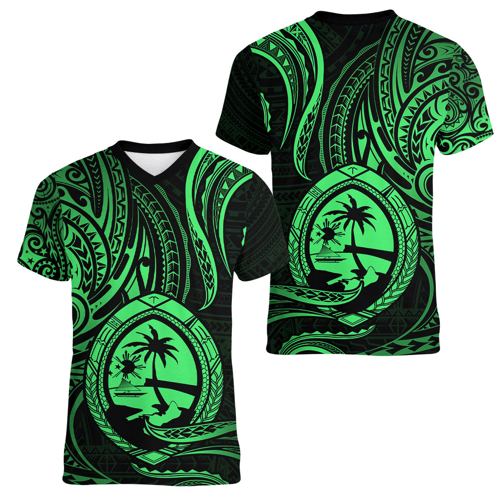 Polynesian Pride Guam Women V Neck T Shirt With Polynesian Tribal Tattoo and Coat of Arms Green Version LT9 Female Green - Polynesian Pride