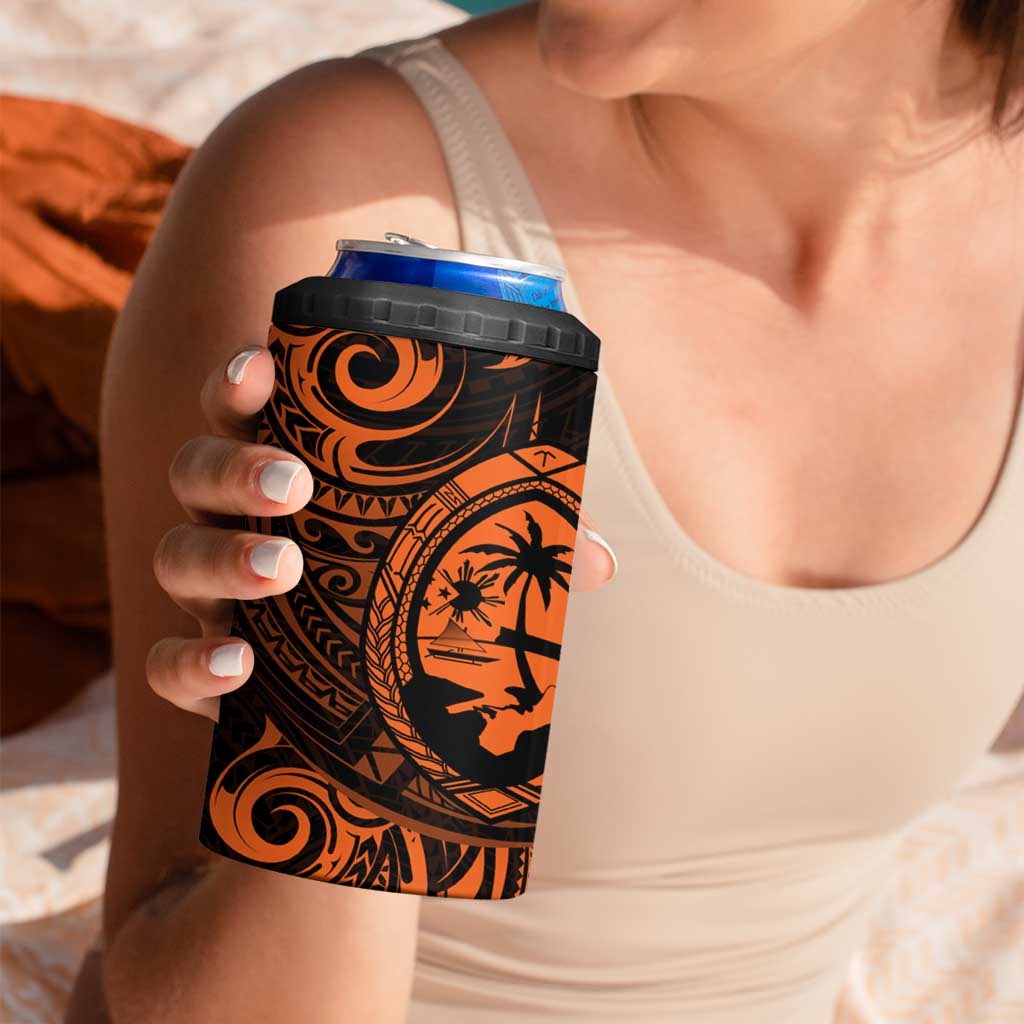 Polynesian Guam Coat of Arms 4 in 1 Can Cooler Tumbler Polynesian Tribal Tattoo Orange Version