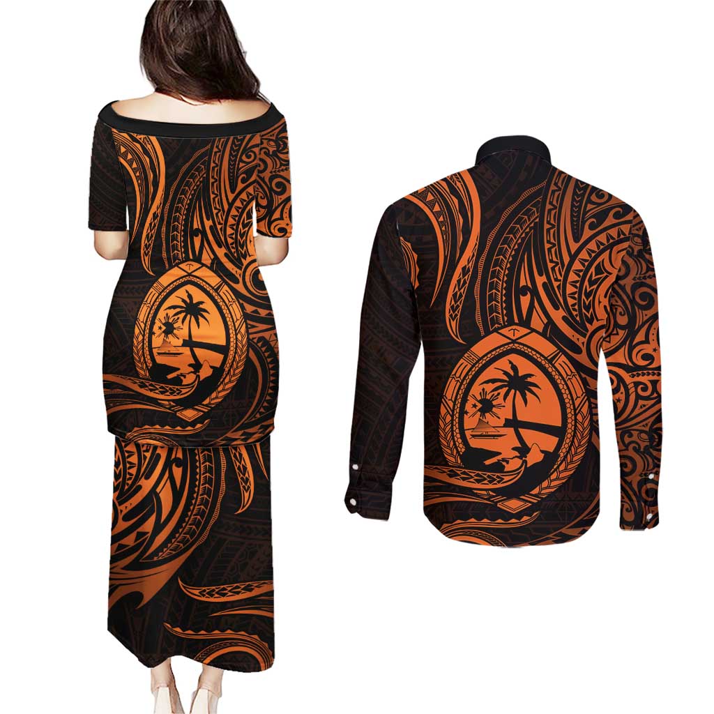 Polynesian Guam Coat of Arms Couples Matching Puletasi and Long Sleeve Button Shirt Polynesian Tribal Tattoo Orange Version