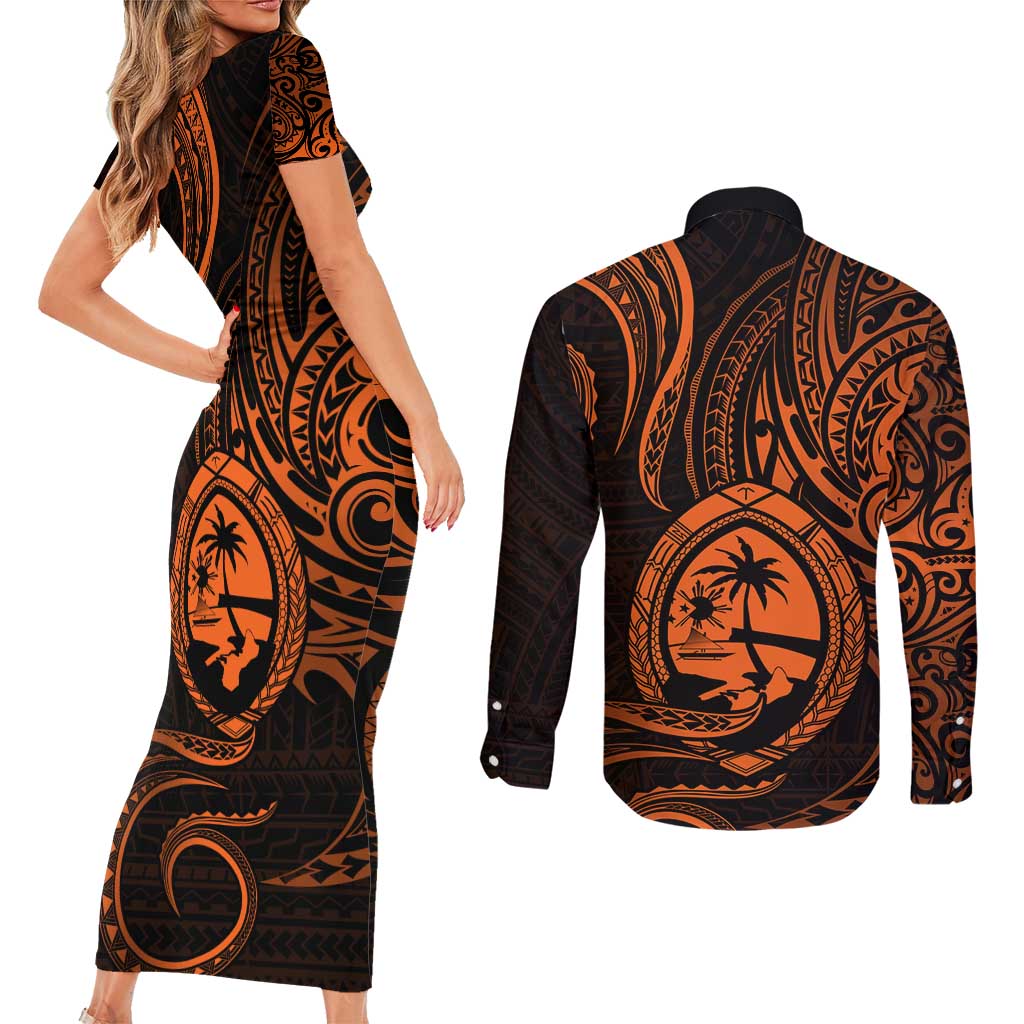 Polynesian Guam Coat of Arms Couples Matching Short Sleeve Bodycon Dress and Long Sleeve Button Shirt Polynesian Tribal Tattoo Orange Version