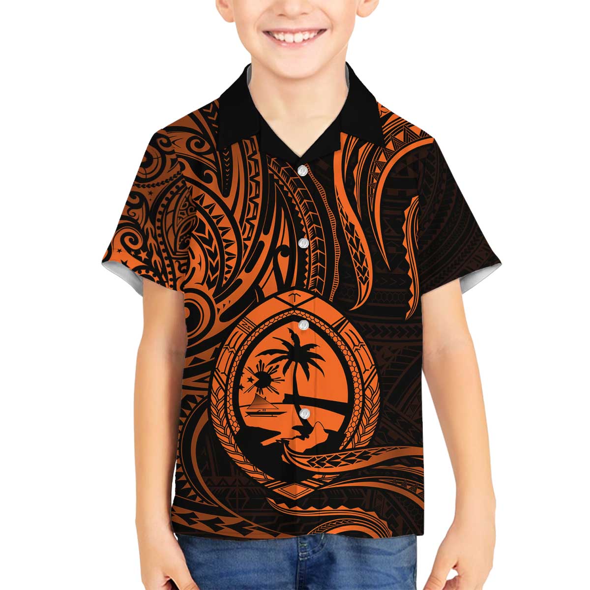 Polynesian Guam Coat of Arms Family Matching Off Shoulder Short Dress and Hawaiian Shirt Polynesian Tribal Tattoo Orange Version