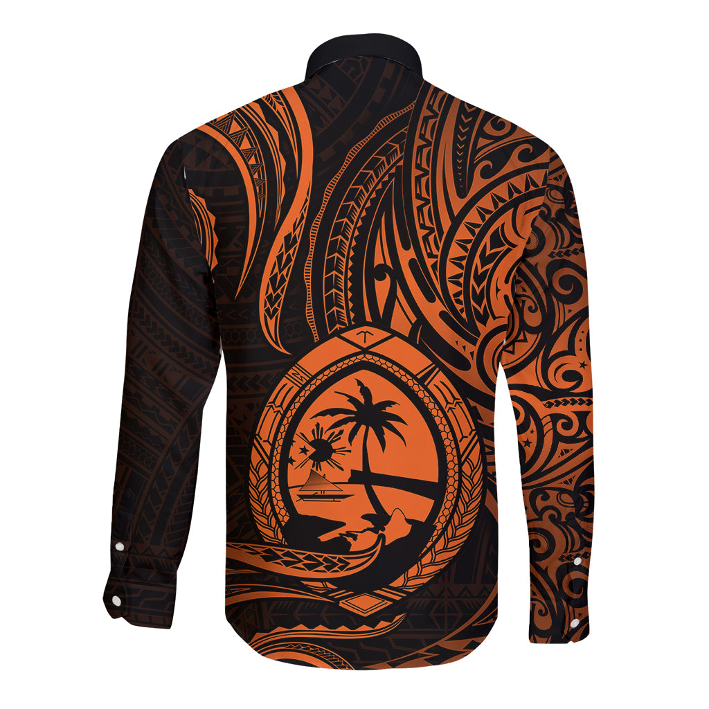 Polynesian Pride Guam Long Sleeve Button Shirt With Polynesian Tribal Tattoo and Coat of Arms Orange Version LT9 - Polynesian Pride
