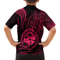 Polynesian Guam Coat of Arms Family Matching Off Shoulder Short Dress and Hawaiian Shirt Polynesian Tribal Tattoo Pink Version