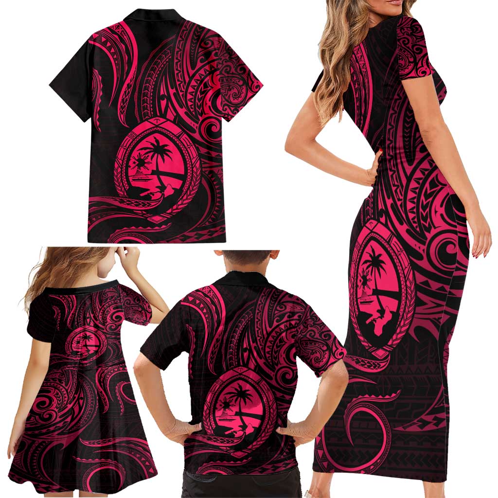 Polynesian Guam Coat of Arms Family Matching Short Sleeve Bodycon Dress and Hawaiian Shirt Polynesian Tribal Tattoo Pink Version