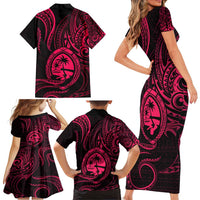 Polynesian Guam Coat of Arms Family Matching Short Sleeve Bodycon Dress and Hawaiian Shirt Polynesian Tribal Tattoo Pink Version