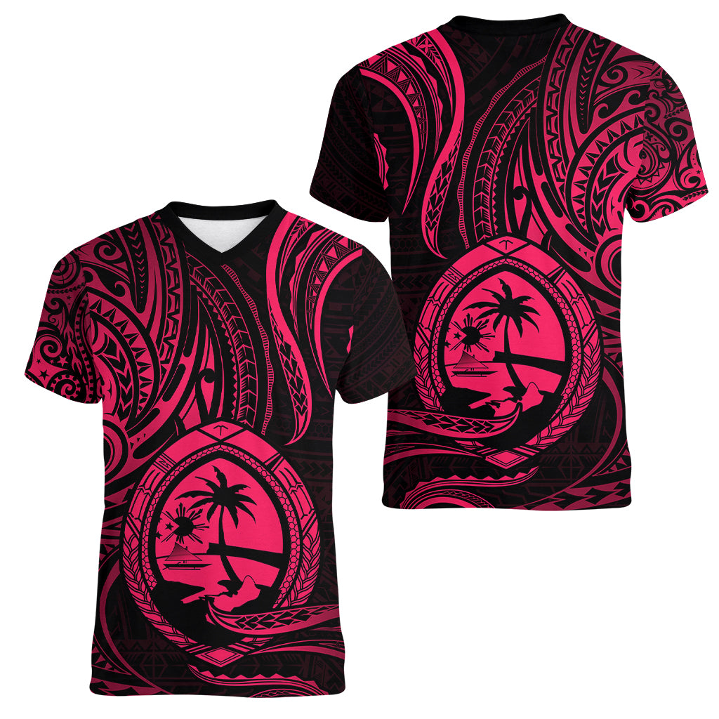 Polynesian Pride Guam Women V Neck T Shirt With Polynesian Tribal Tattoo and Coat of Arms Pink Version LT9 Female Pink - Polynesian Pride